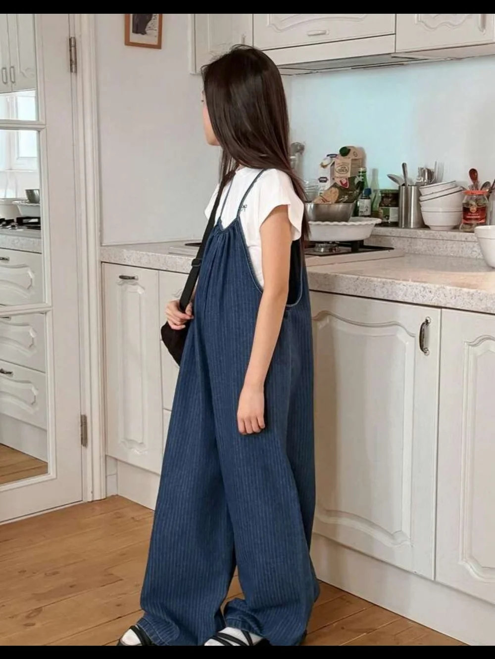 Kids Navy Wide-Leg Denim-Style Romper Jumpsuit